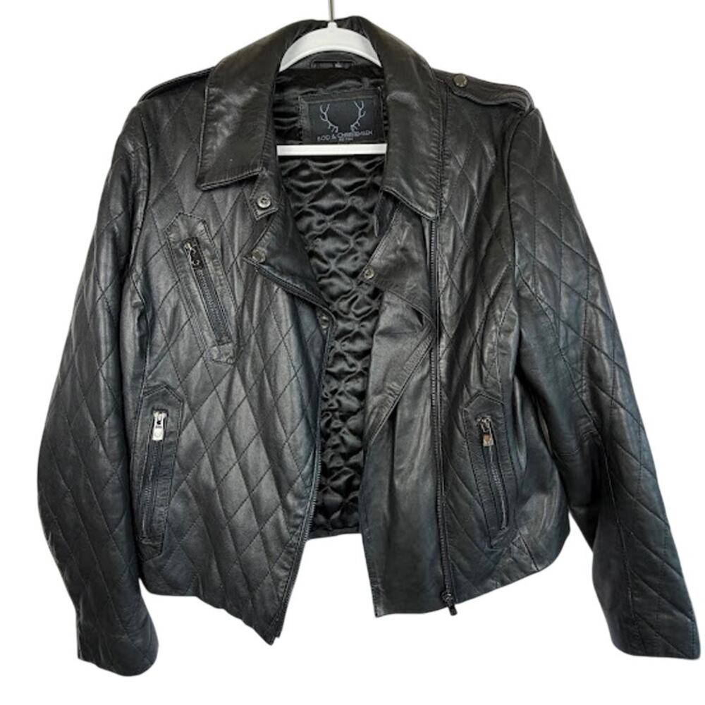 Bod & Christensen Black Leather Diamond‎ Quilted Moto Jacket Women's Large $570 - Picture 3 of 6